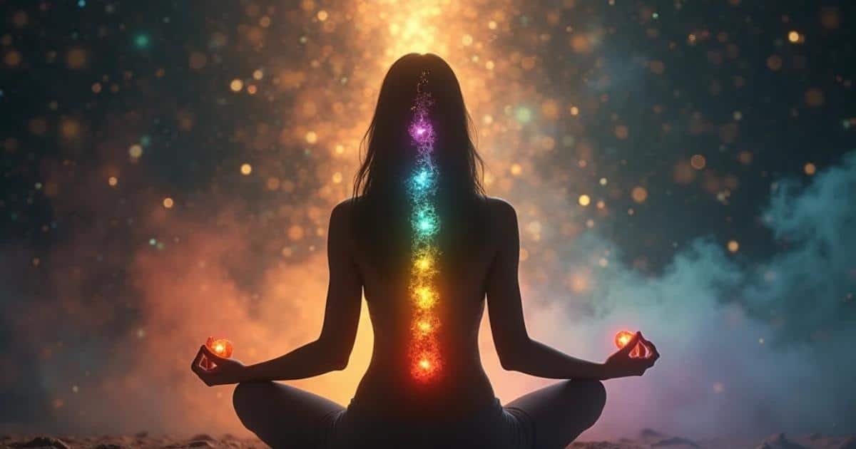 Mujer meditando con los 7 chakras iluminados, energía en equilibrio y paz interior