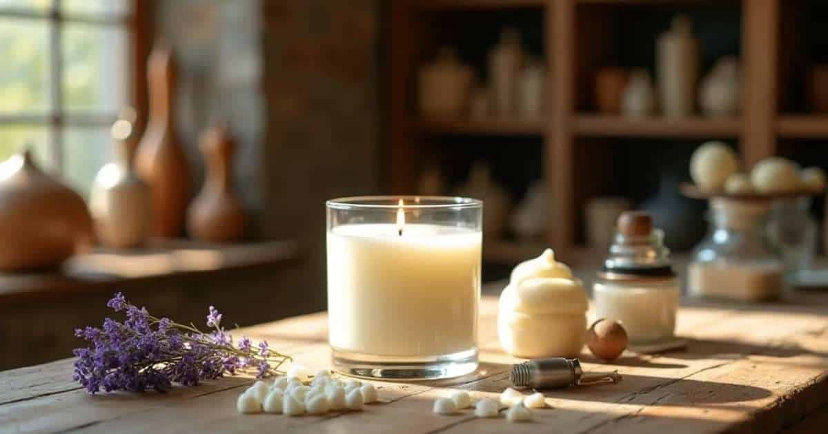 Calculadora de velas artesanales profesional con ingredientes sobre una mesa de taller.